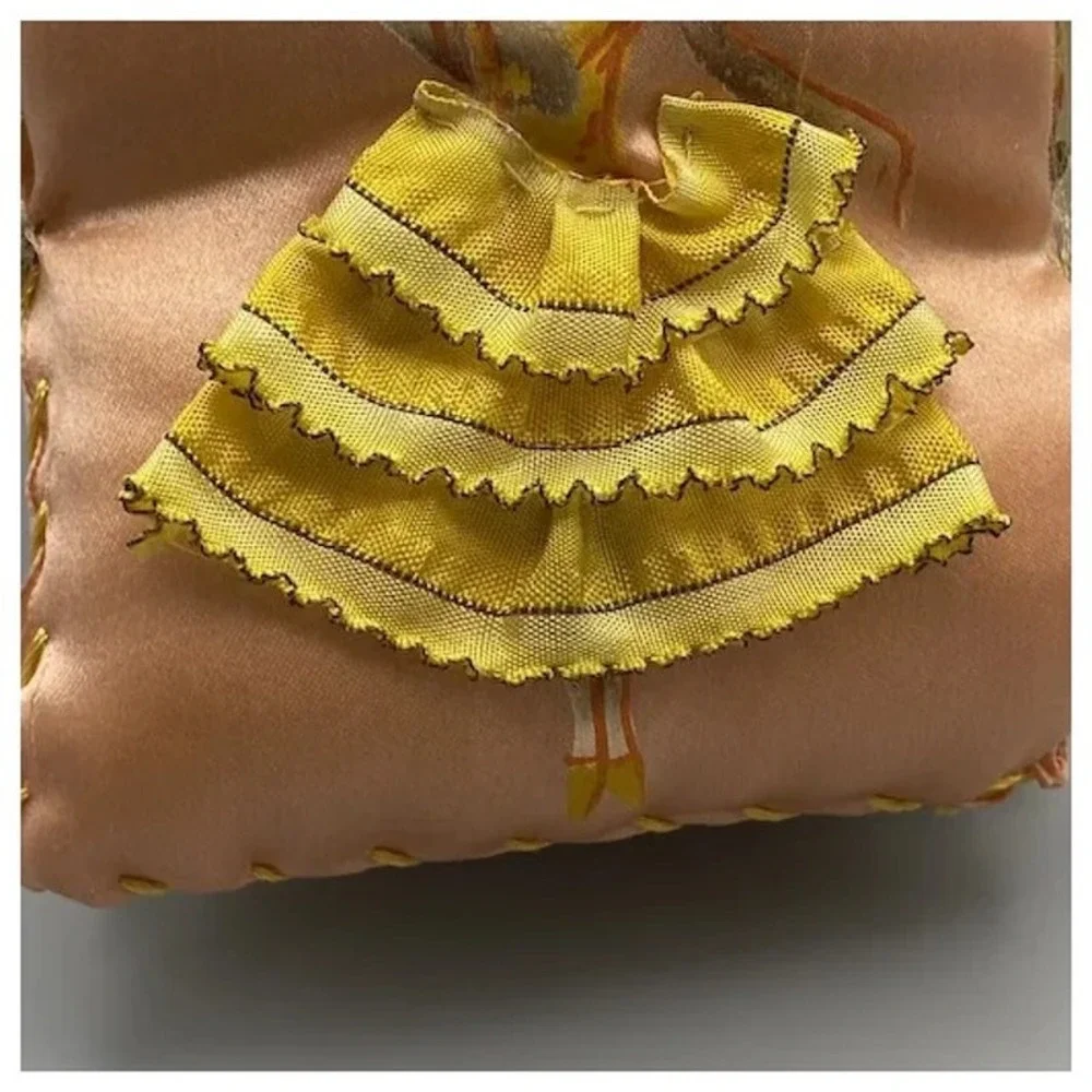Vintage Handpainted Pillow Style Pincushion Girl‎ Ruffled Dress AS IS